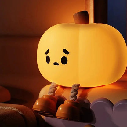 All Season Soul cute pumpkin-shaped LED night light with a warm yellow glow, expressive face, and playful design for cozy seasonal home décor.
